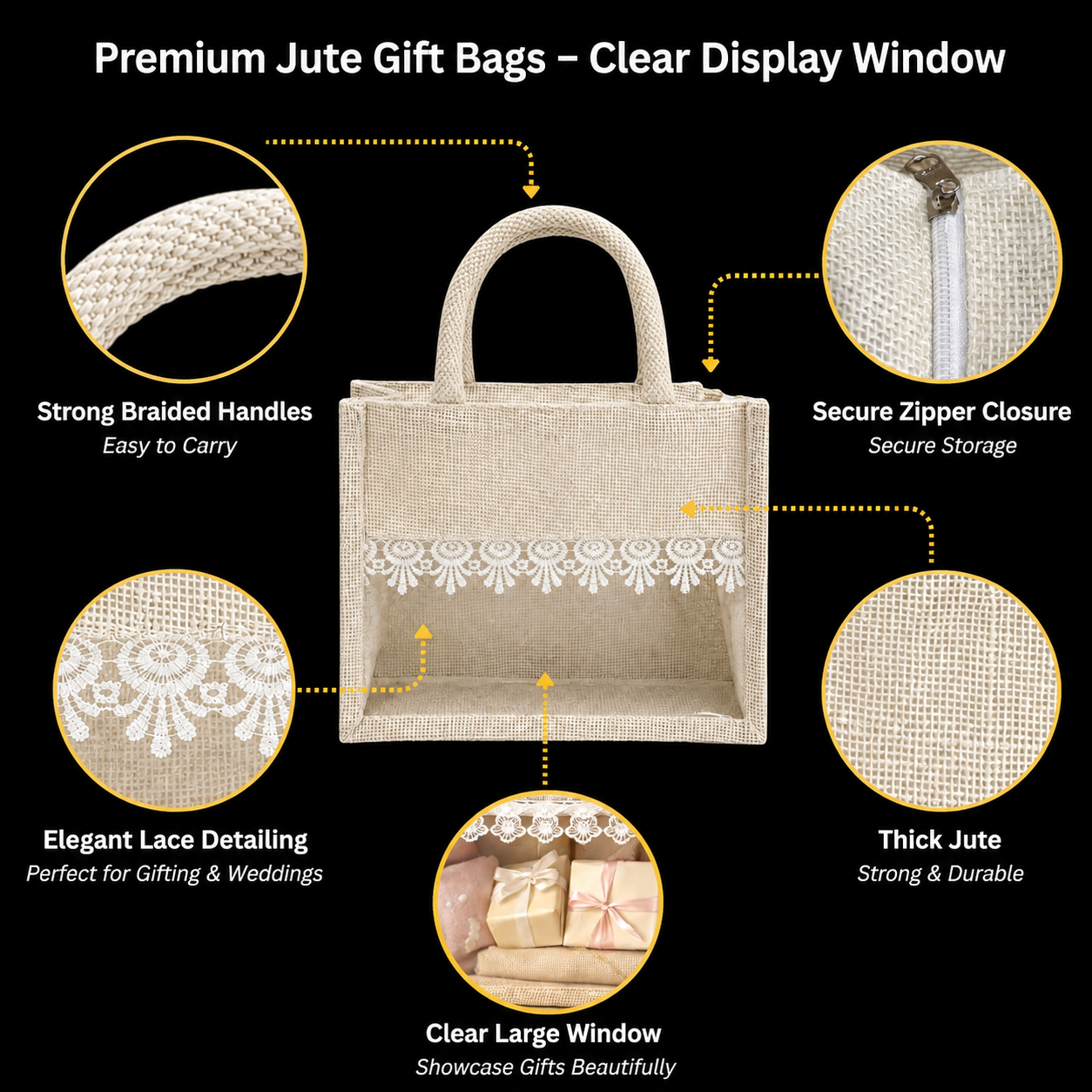 Jute Gift Hamper Bag with Transparent Window | Eco-Friendly Bag for Gifting, Return Gifts, Dry Fruits | Reusable Tote Bag