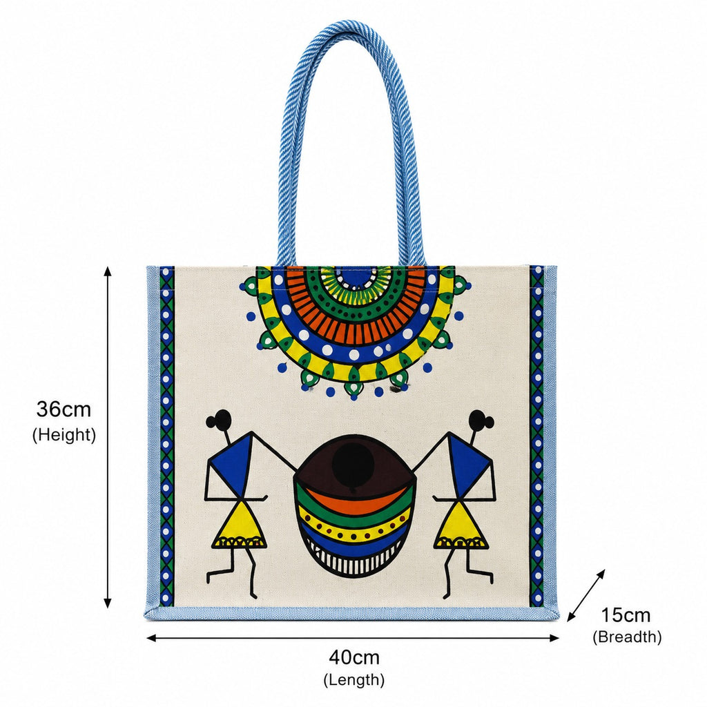 PE Handcrafted Warli Art Cotton Tote Bag with Traditional Tribal Painting, Reusable Shopping Bag, Eco-Friendly Carry Bag for Women & Men, Stylish Ethnic Handbag