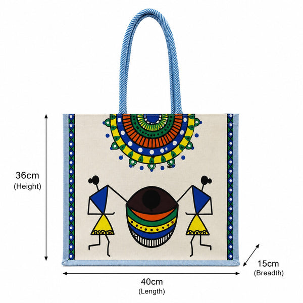 PE Handcrafted Warli Art Cotton Tote Bag with Traditional Tribal Painting, Reusable Shopping Bag, Eco-Friendly Carry Bag for Women & Men, Stylish Ethnic Handbag