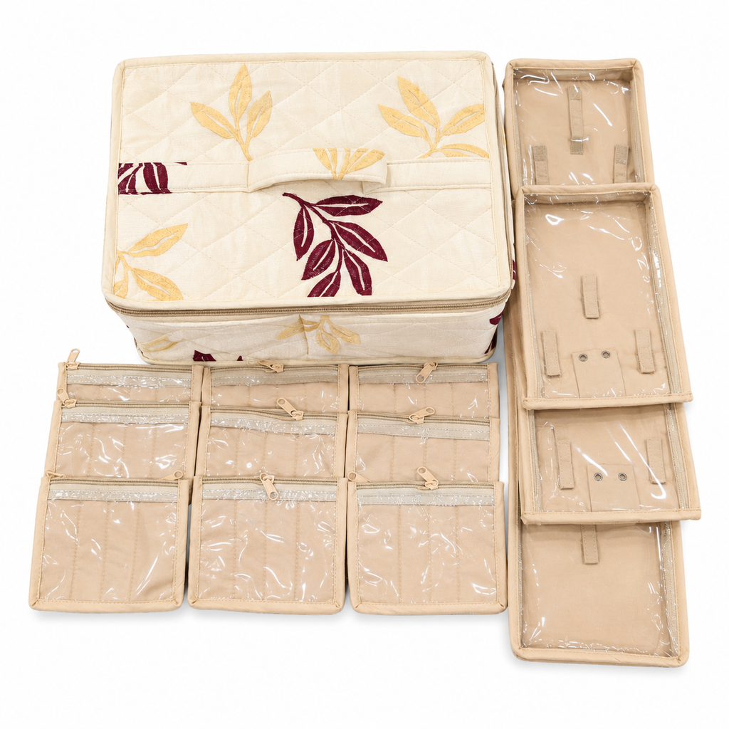 Jewellery Organizer Box with 6 Clear Zipper Pouches & Satin Storage Case