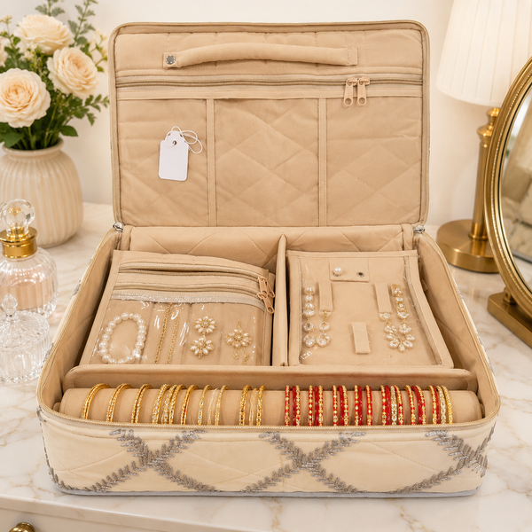 Jewellery Organizer Box with 6 Transparent Zipper Pouches & Satin Case