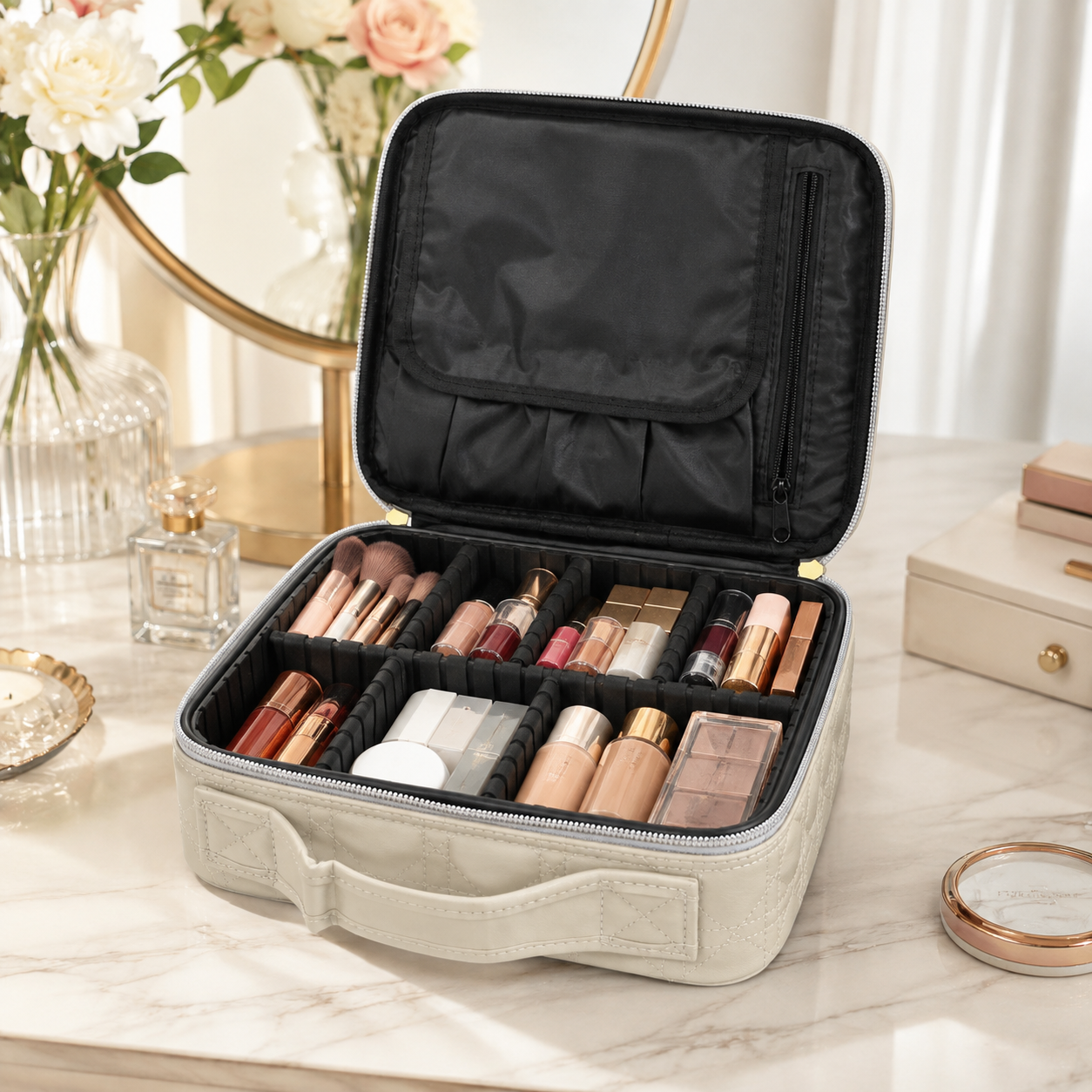 Makeup Organizer Bag for Women& girls , Adjustable Compartments, Cosmetic & Brush Storage Travel Vanity Case, Toiletry Organizer Box