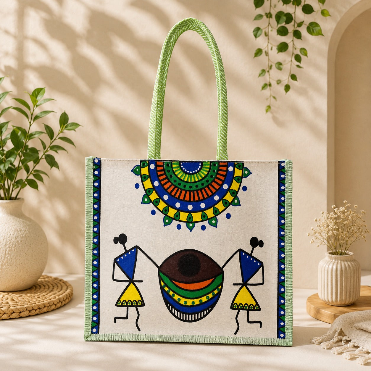 PE Handcrafted Warli Art Cotton Tote Bag with Traditional Tribal Painting, Reusable Shopping Bag, Eco-Friendly Carry Bag for Women & Men, Stylish Ethnic Handbag