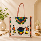 PE Handcrafted Warli Art Cotton Tote Bag with Traditional Tribal Painting, Reusable Shopping Bag, Eco-Friendly Carry Bag for Women & Men, Stylish Ethnic Handbag