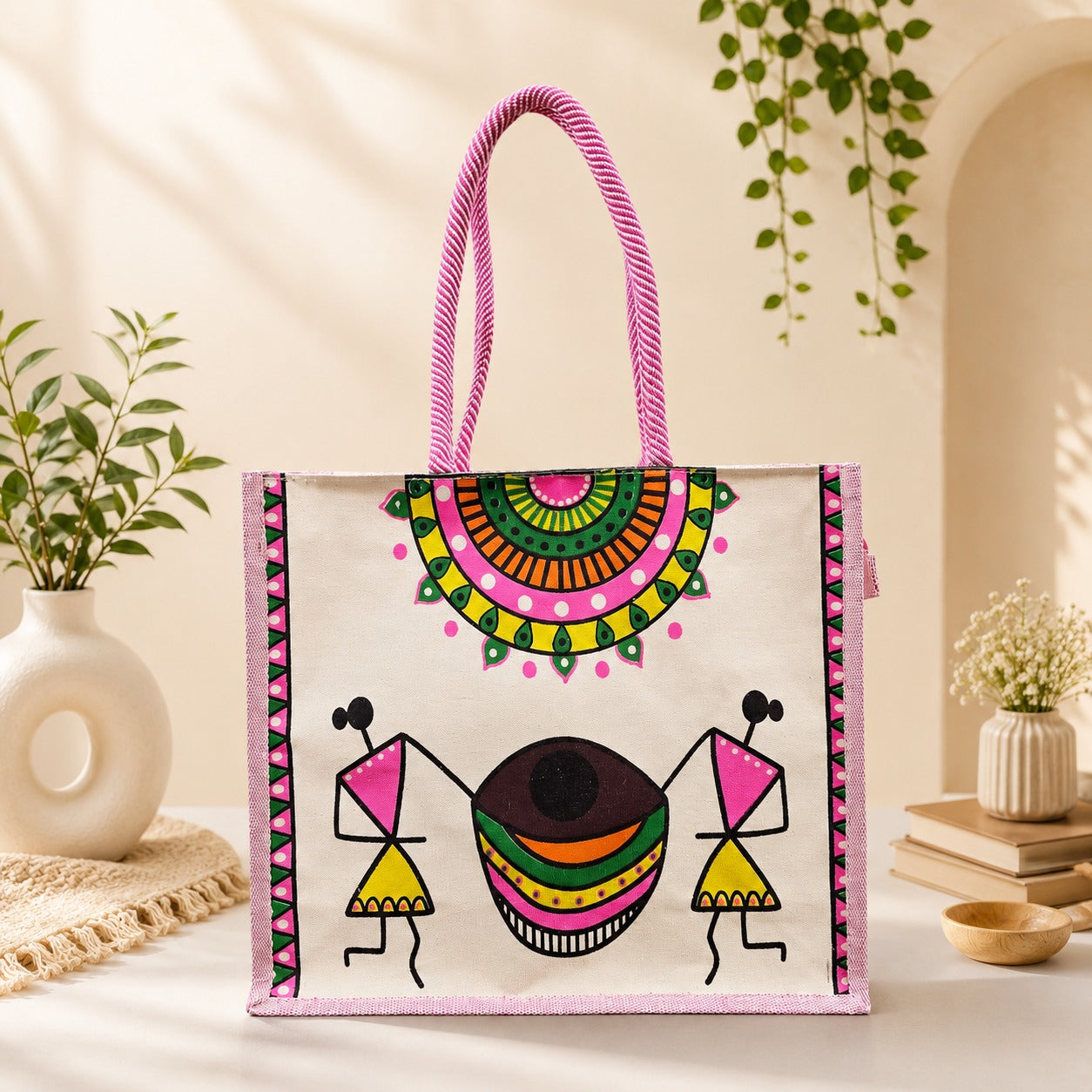 PE Handcrafted Warli Art Cotton Tote Bag with Traditional Tribal Painting, Reusable Shopping Bag, Eco-Friendly Carry Bag for Women & Men, Stylish Ethnic Handbag