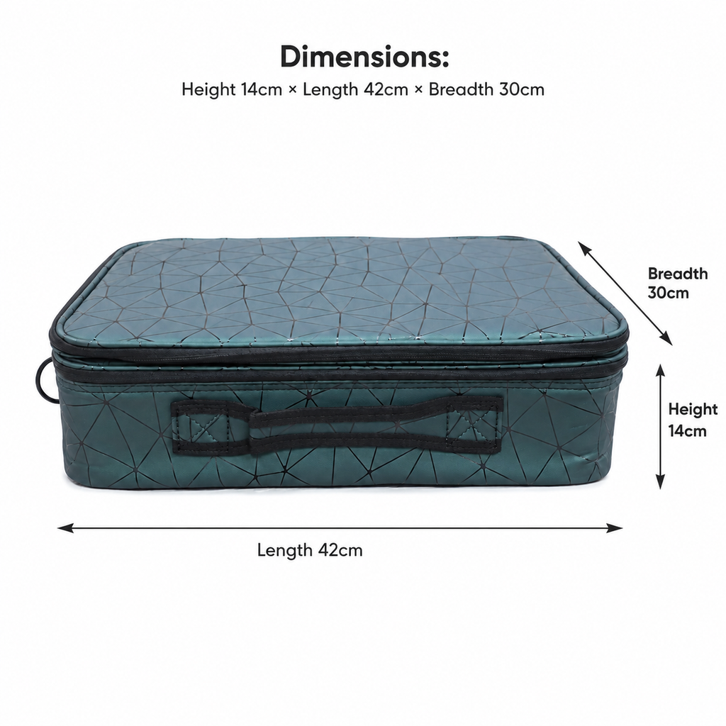 Faux Leather Makeup Organizer Bag for Women, Girls & Bride - Travel Cosmetic Kit Storage Organiser - Toiletry Vanity Box with Adjustable Compartment (Green Diamond)