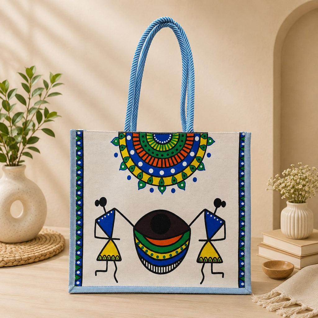 PE Handcrafted Warli Art Cotton Tote Bag with Traditional Tribal Painting, Reusable Shopping Bag, Eco-Friendly Carry Bag for Women & Men, Stylish Ethnic Handbag