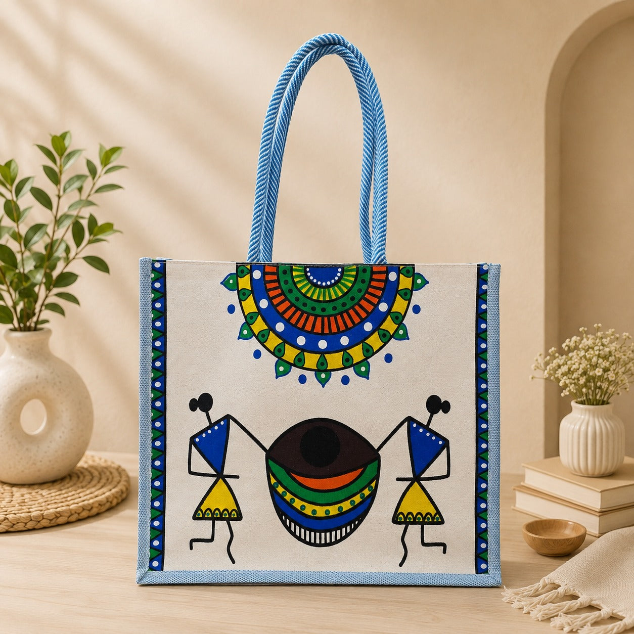 PE Handcrafted Warli Art Cotton Tote Bag with Traditional Tribal Painting, Reusable Shopping Bag, Eco-Friendly Carry Bag for Women & Men, Stylish Ethnic Handbag