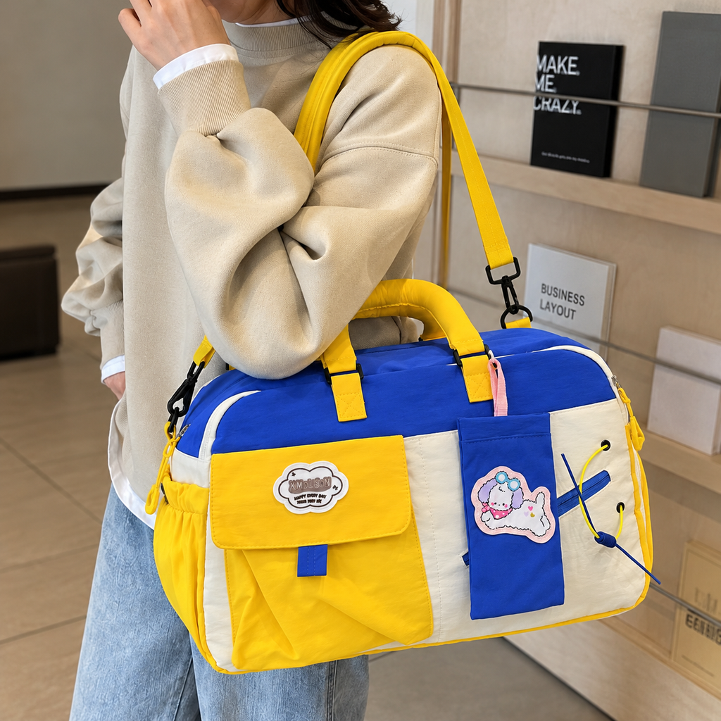 Yellow and Blue Multi-Pocket Travel Duffel Bag with Adjustable Strap