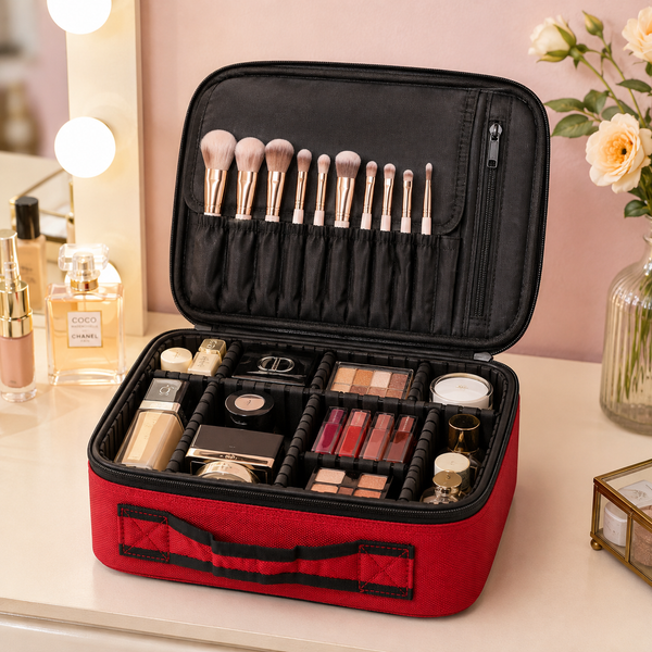 Professional Makeup Organizer Case with Adjustable Compartments, Travel Cosmetic Storage Bag for Women & Girls, Portable Vanity Pouch with Brush Holder, 9 x 26 x 24 Inches (Red)