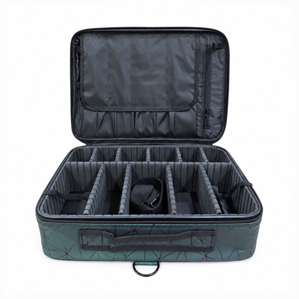 Green faux leather multi-purpose organizer case with adjustable padded dividers, zippered pocket, carry handle, and dimensions 42 × 30 × 14 cm