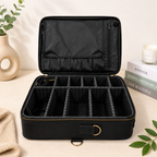 Black multi-purpose organizer case with zip closure and carry handle, dimensions 42 × 30 × 14 cm