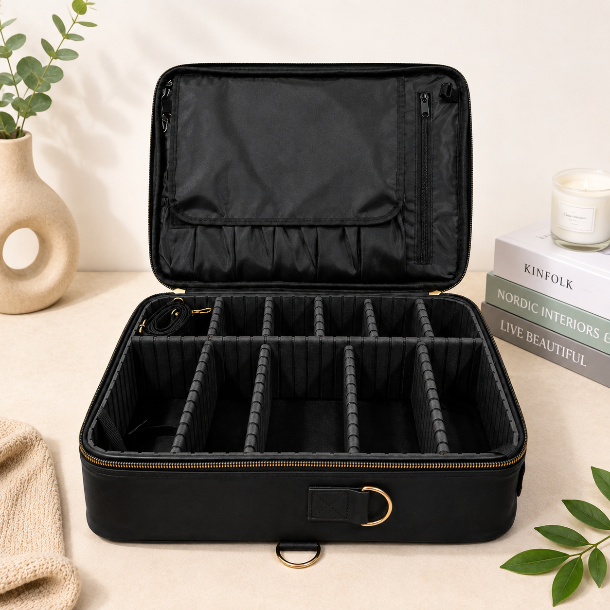 Black multi-purpose organizer case with zip closure and carry handle, dimensions 42 × 30 × 14 cm