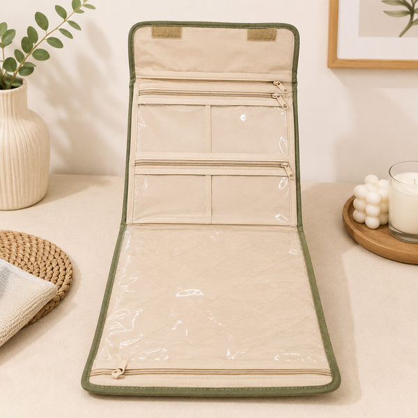 Cream satin foldable jewellery organizer with green embroidery, transparent zip pockets, carry handle, and dimensions 27 × 29 × 6 cm
