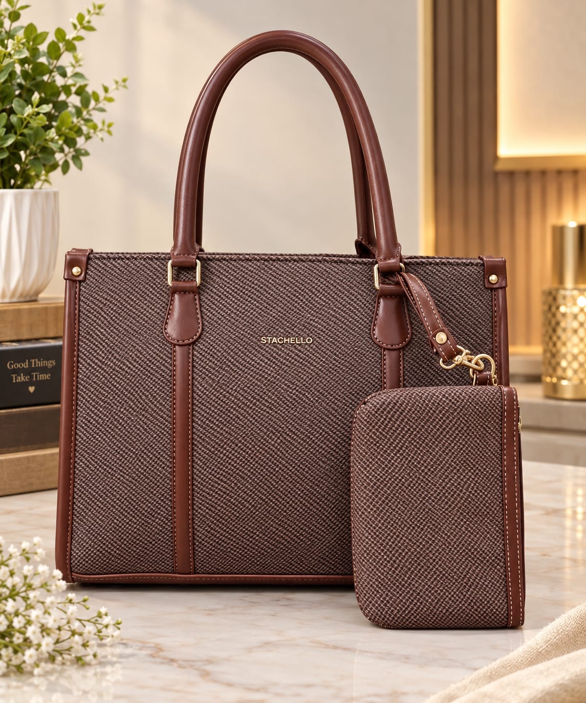 Women’s Structured Tote Bag with Matching Pouch – Spacious Everyday Handbag
