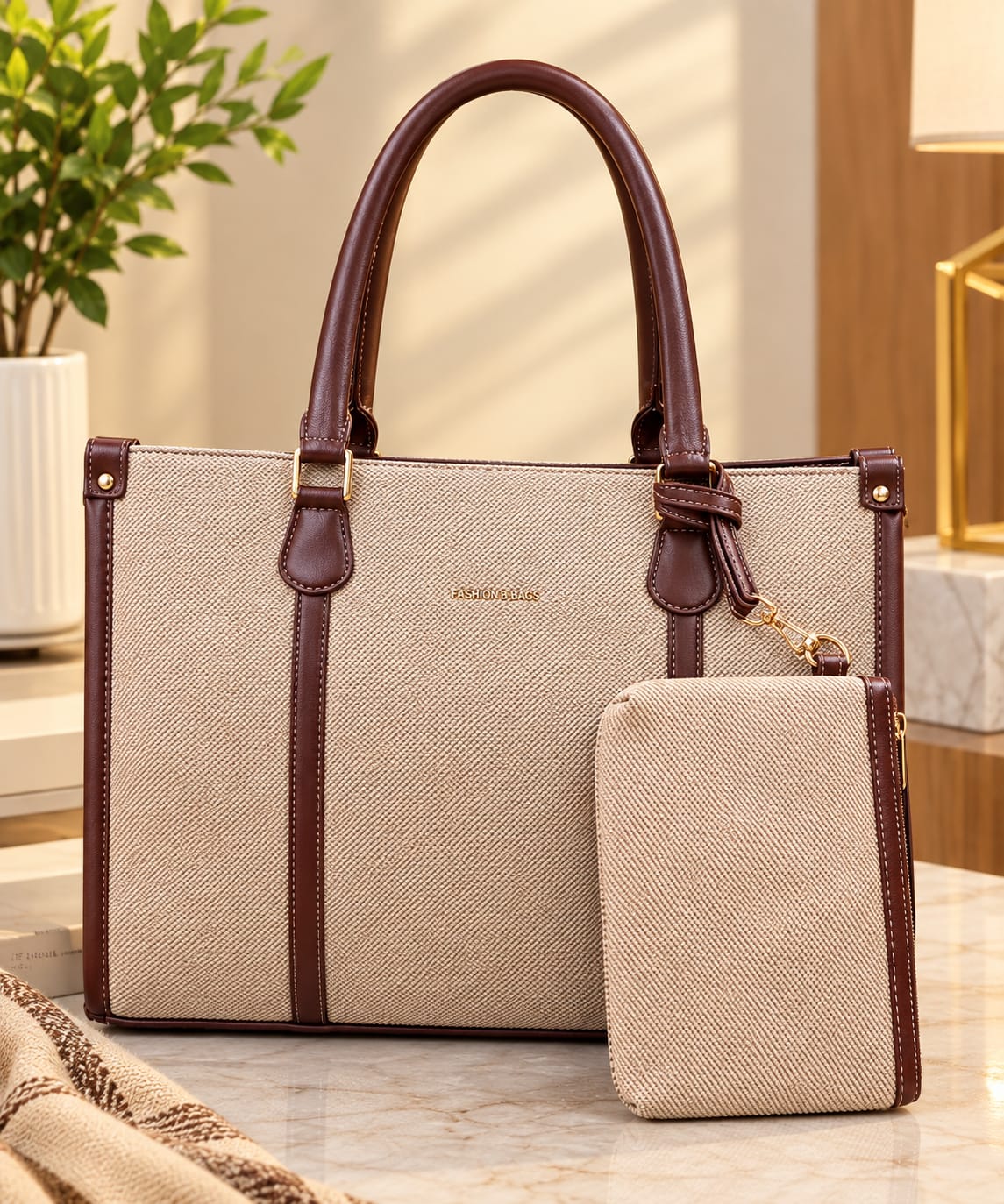 Women’s Structured Tote Bag with Matching Pouch – Spacious Everyday Handbag