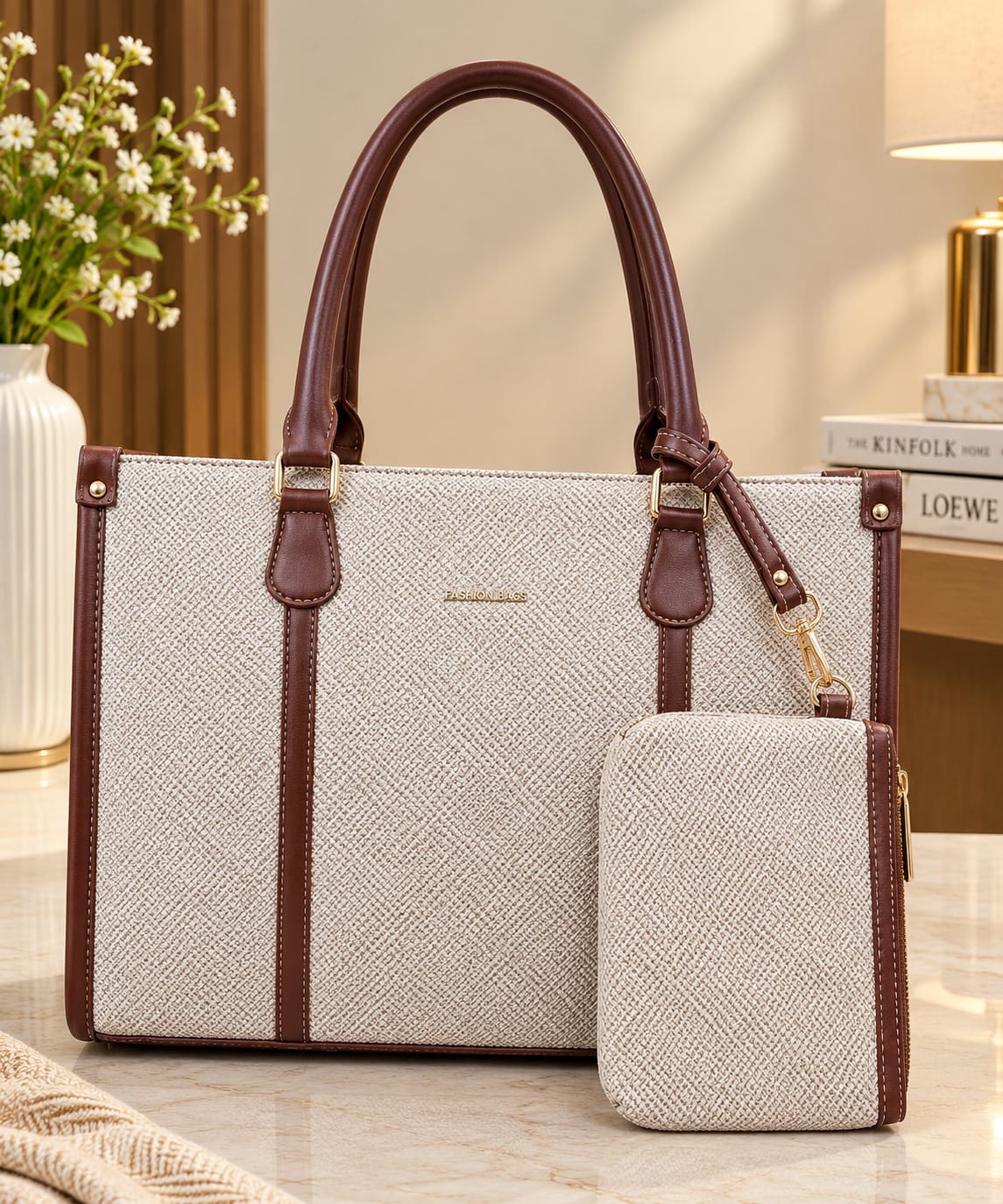 Women’s Structured Tote Bag with Matching Pouch – Spacious Everyday Handbag