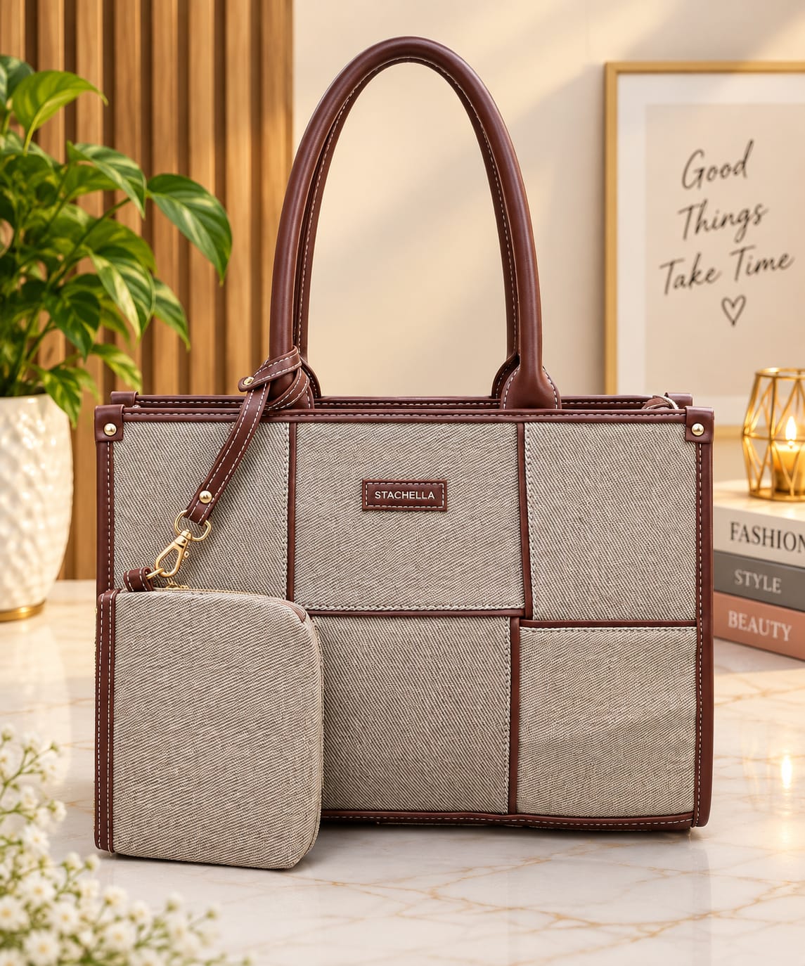 Structured Women's Tote Bag with Matching Pouch – Stylish Office & Everyday Handbag