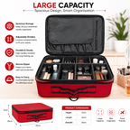 Red multi-purpose organizer case with adjustable dividers, zippered pocket, carry handle, and dimensions 42 × 30 × 14 cm