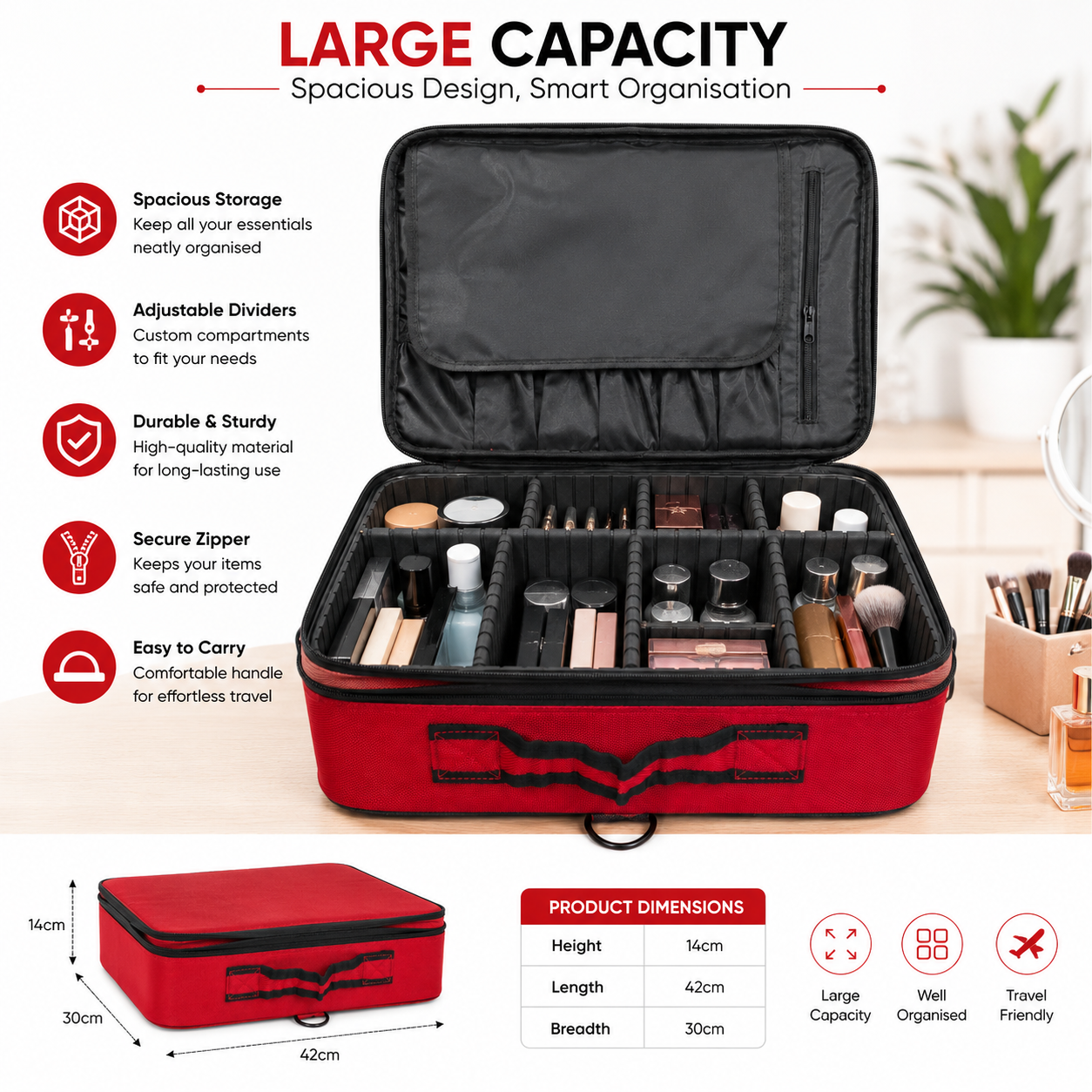 Red multi-purpose organizer case with adjustable dividers, zippered pocket, carry handle, and dimensions 42 × 30 × 14 cm
