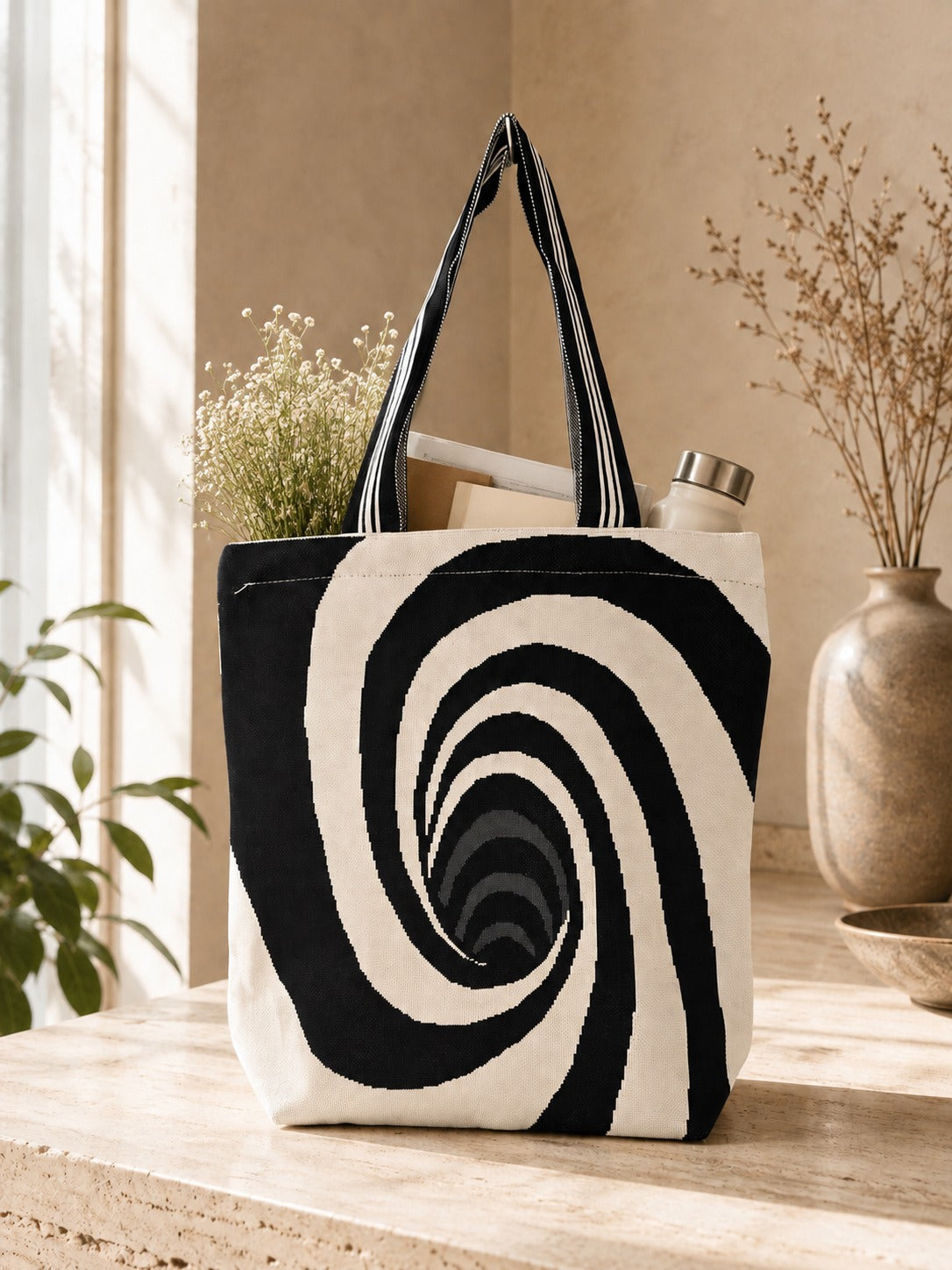 Black & Cream Printed Tote Bag for Women – Large Everyday Bag