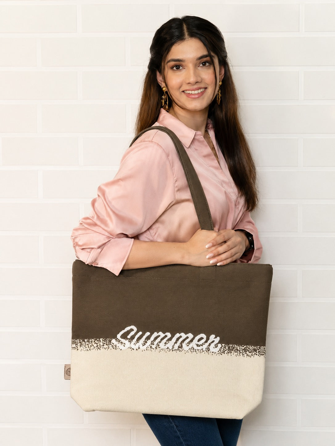 Pink & Cream Printed Tote Bag for Women – Large Everyday Bag
