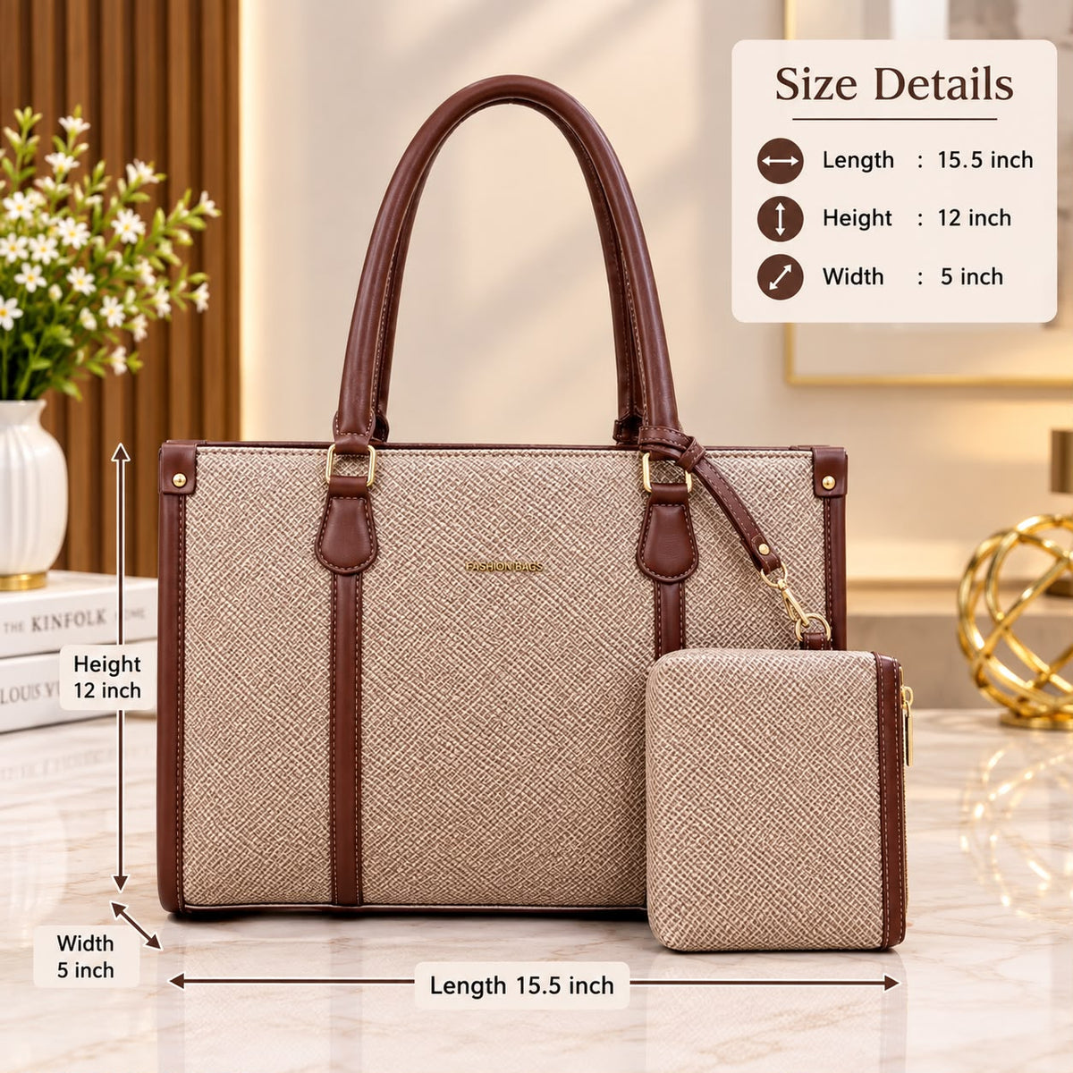 Women’s Structured Tote Bag with Matching Pouch – Spacious Everyday Handbag