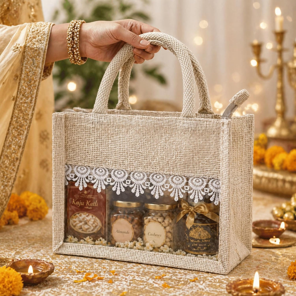 Jute Gift Hamper Bag with Transparent Window | Eco-Friendly Bag for Gifting, Return Gifts, Dry Fruits | Reusable Tote Bag