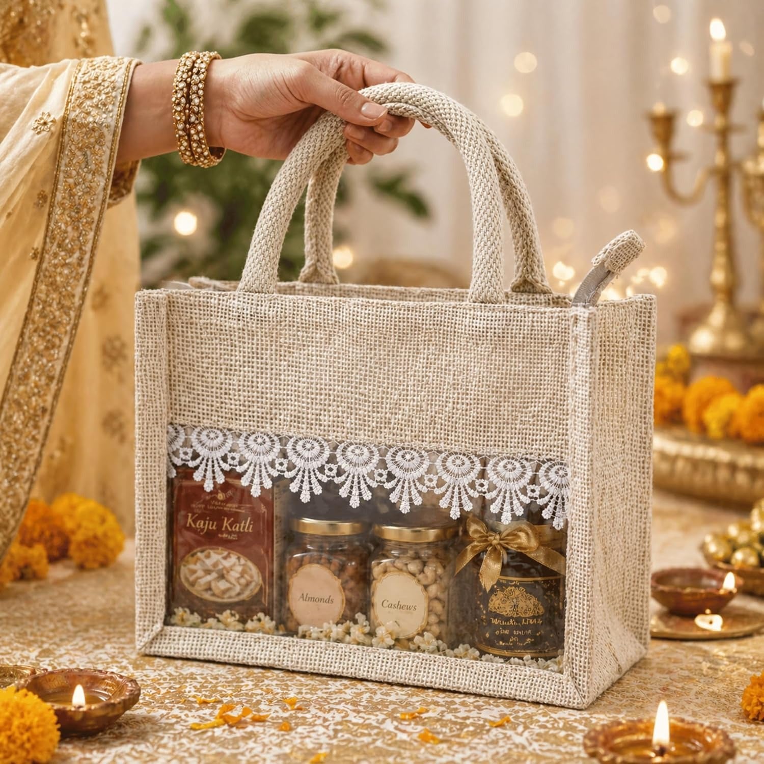 Jute Gift Hamper Bag with Transparent Window | Eco-Friendly Bag for Gifting, Return Gifts, Dry Fruits | Reusable Tote Bag