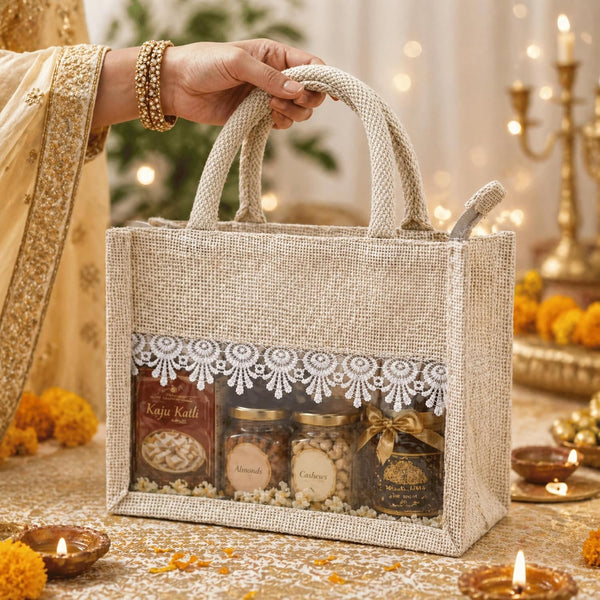 Jute Gift Hamper Bag with Transparent Window | Eco-Friendly Bag for Gifting, Return Gifts, Dry Fruits | Reusable Tote Bag