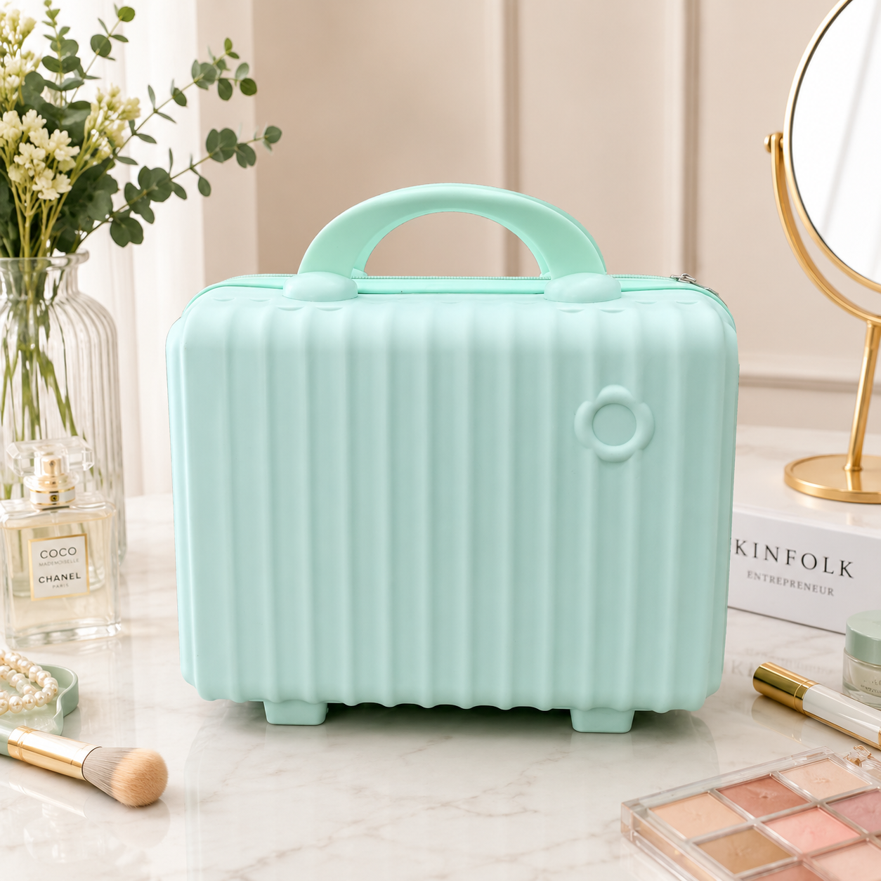 Pink Hard Shell Makeup Organizer Case with Handle for Travel
