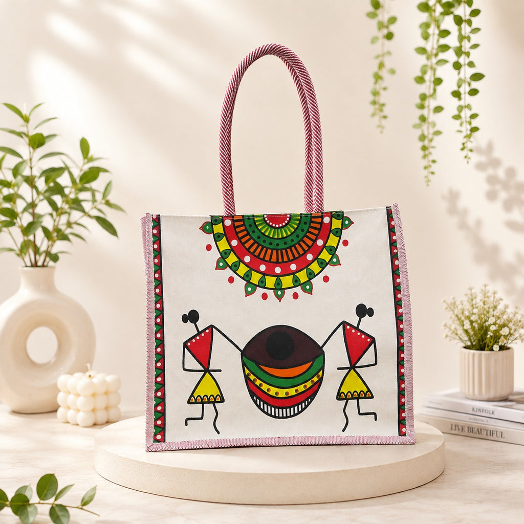 PE Handcrafted Warli Art Cotton Tote Bag with Traditional Tribal Painting, Reusable Shopping Bag, Eco-Friendly Carry Bag for Women & Men, Stylish Ethnic Handbag