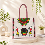 PE Handcrafted Warli Art Cotton Tote Bag with Traditional Tribal Painting, Reusable Shopping Bag, Eco-Friendly Carry Bag for Women & Men, Stylish Ethnic Handbag