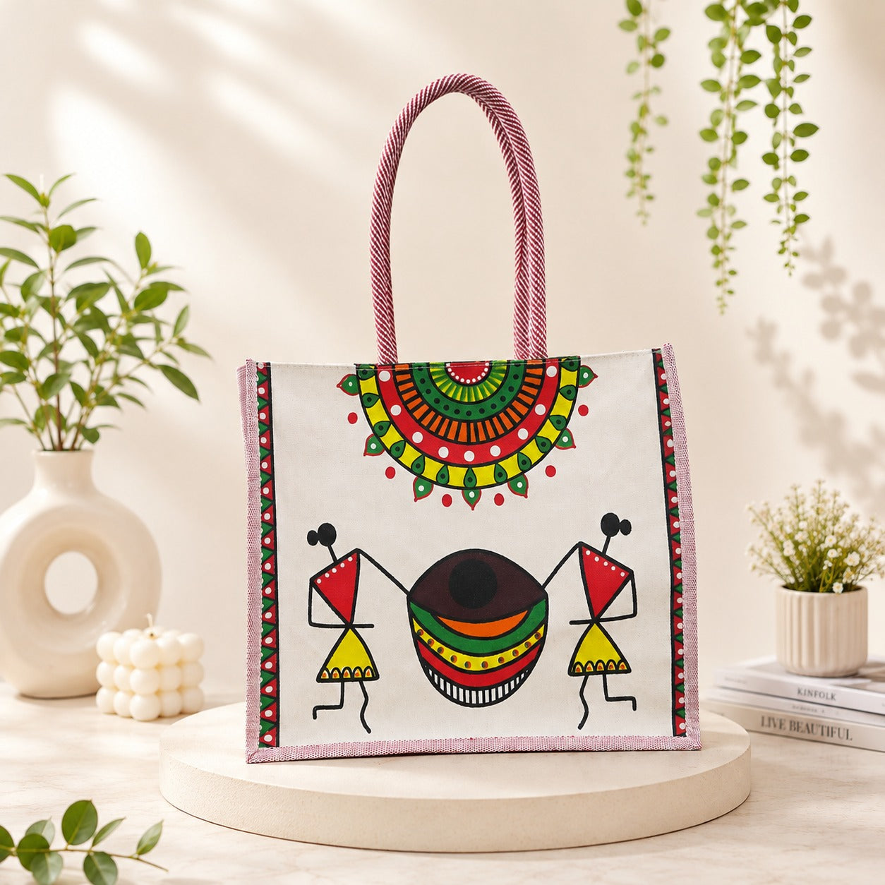 PE Handcrafted Warli Art Cotton Tote Bag with Traditional Tribal Painting, Reusable Shopping Bag, Eco-Friendly Carry Bag for Women & Men, Stylish Ethnic Handbag