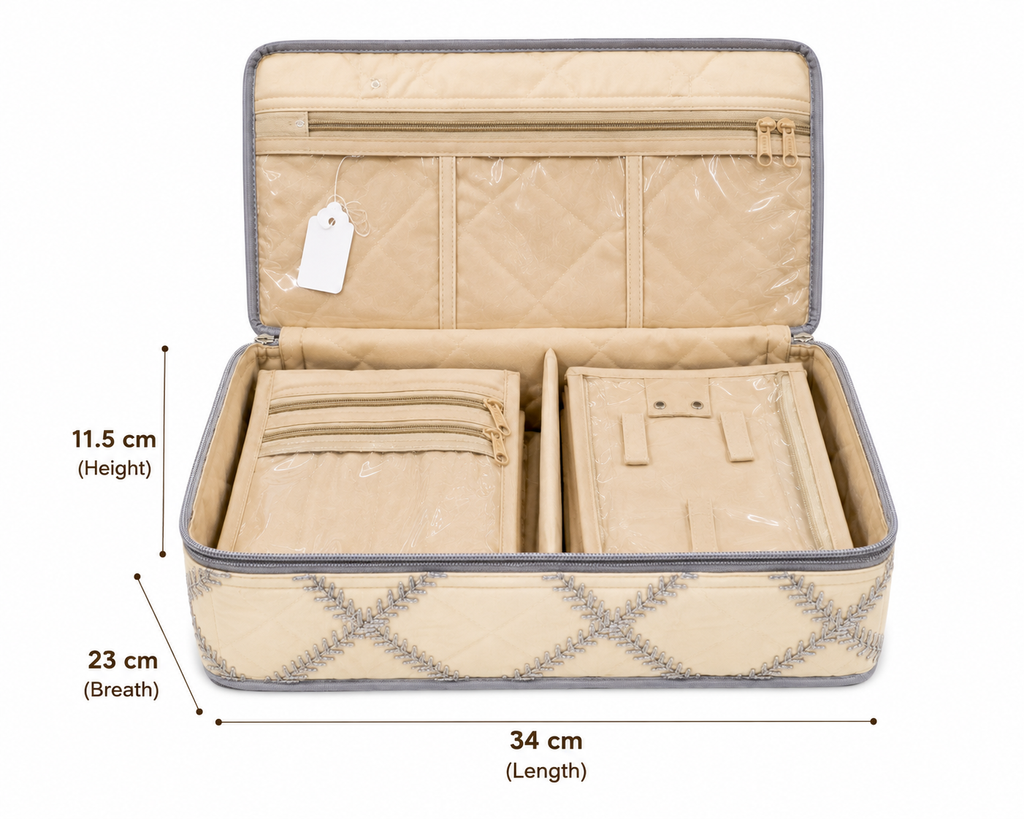 Jewellery Organizer Box with 6 Transparent Zipper Pouches & Satin Case