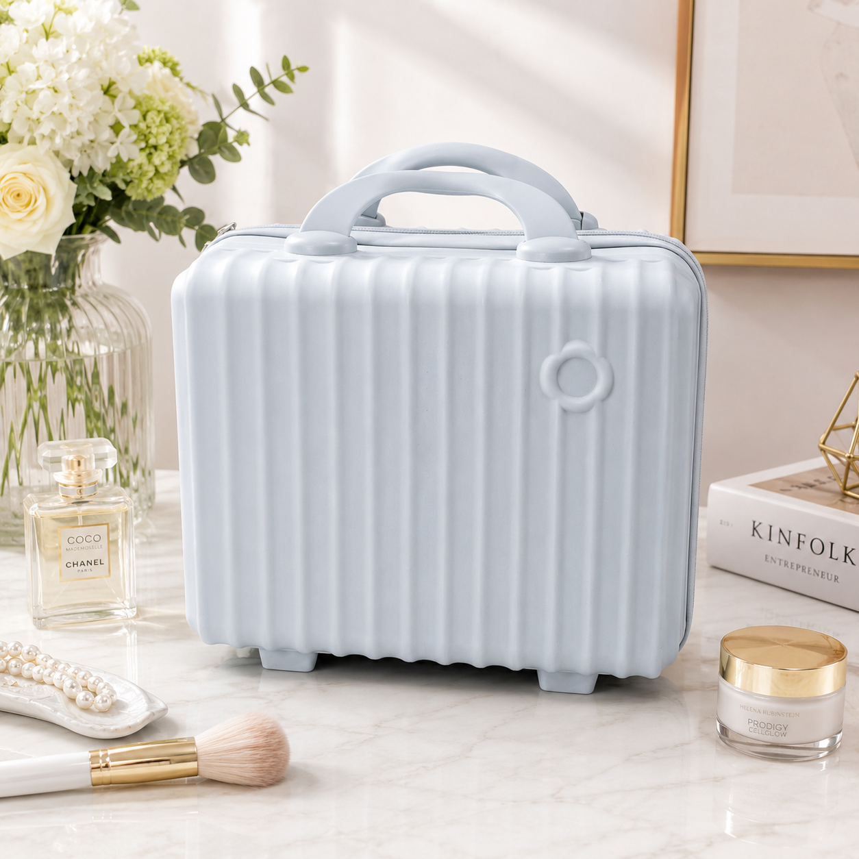 Pink Hard Shell Makeup Organizer Case with Handle for Travel