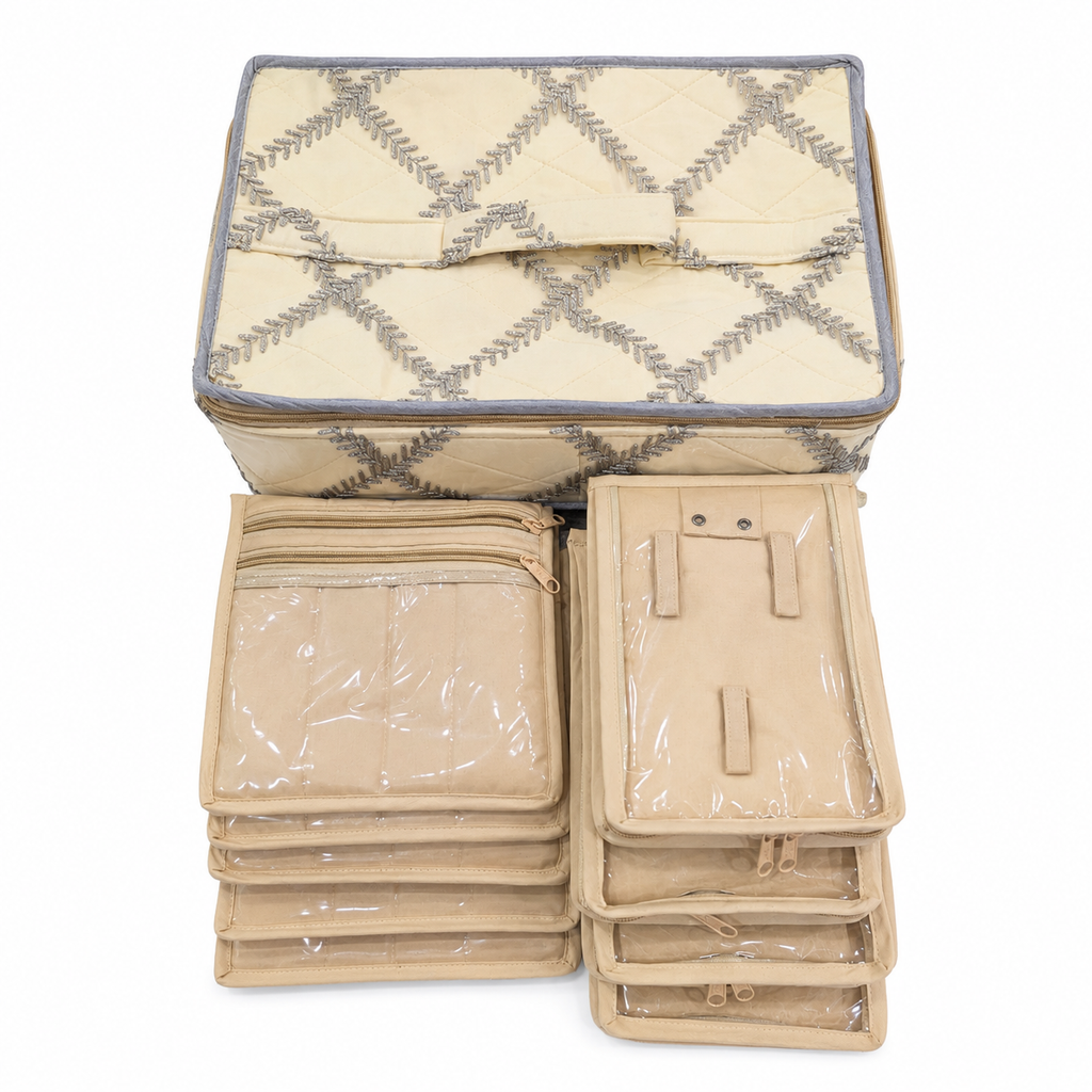 Jewellery Organizer Box with 6 Transparent Zipper Pouches & Satin Case