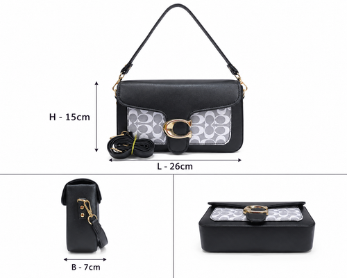 Women’s Black Shoulder Sling Bag with Printed Panel & Gold-Tone Clasp | Ravia