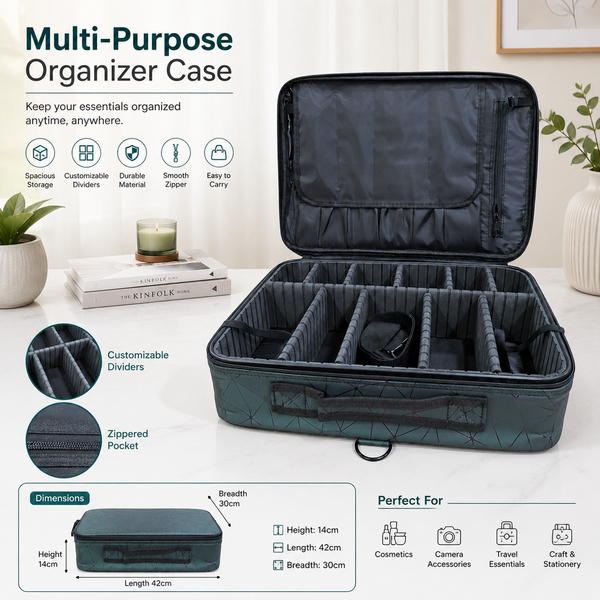 Faux Leather Makeup Organizer Bag for Women, Girls & Bride - Travel Cosmetic Kit Storage Organiser - Toiletry Vanity Box with Adjustable Compartment (Green Diamond)