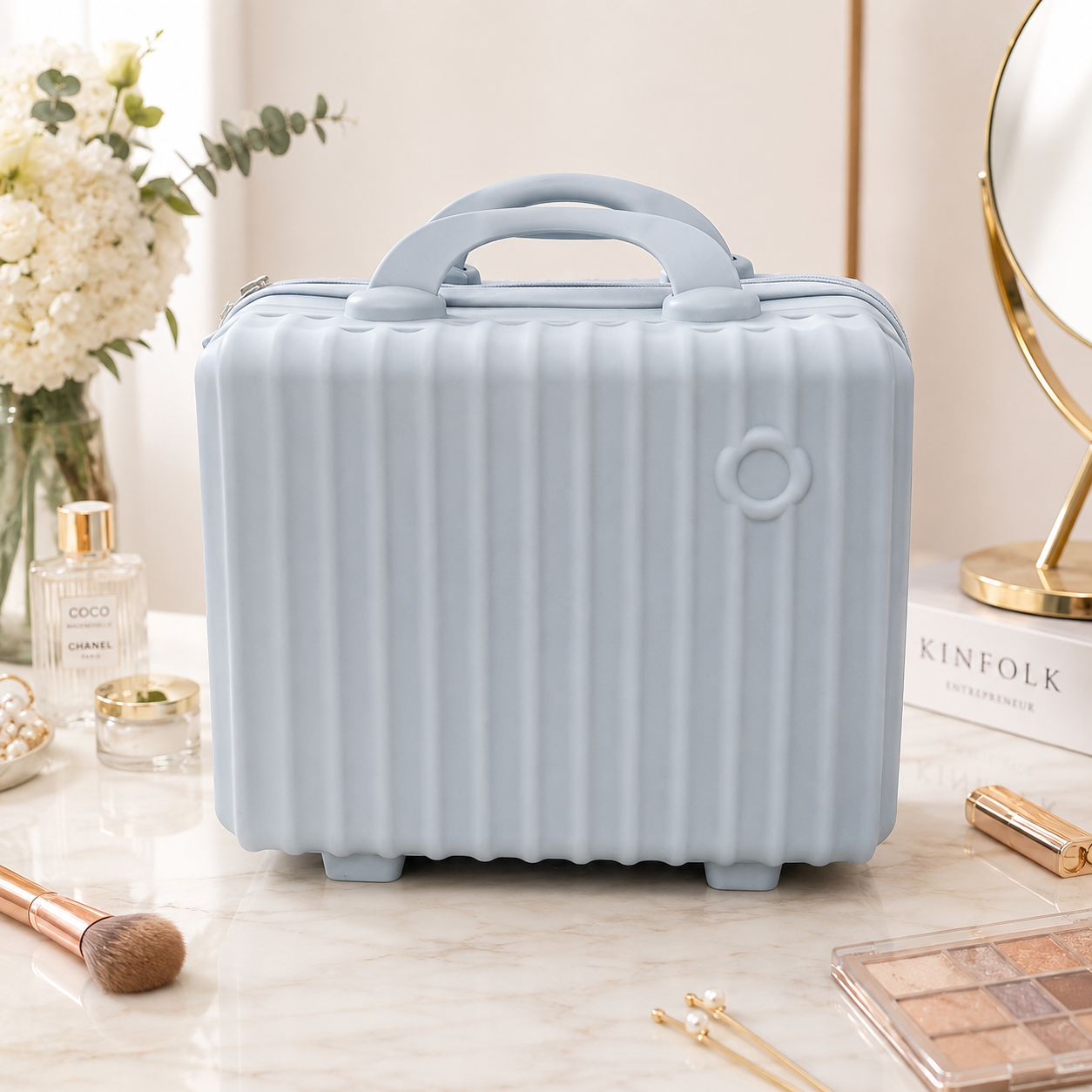 Pink Hard Shell Makeup Organizer Case with Handle for Travel