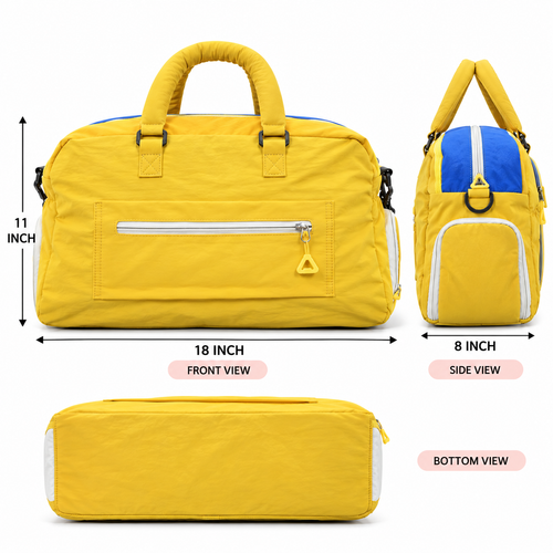 Yellow and Blue Multi-Pocket Travel Duffel Bag with Adjustable Strap