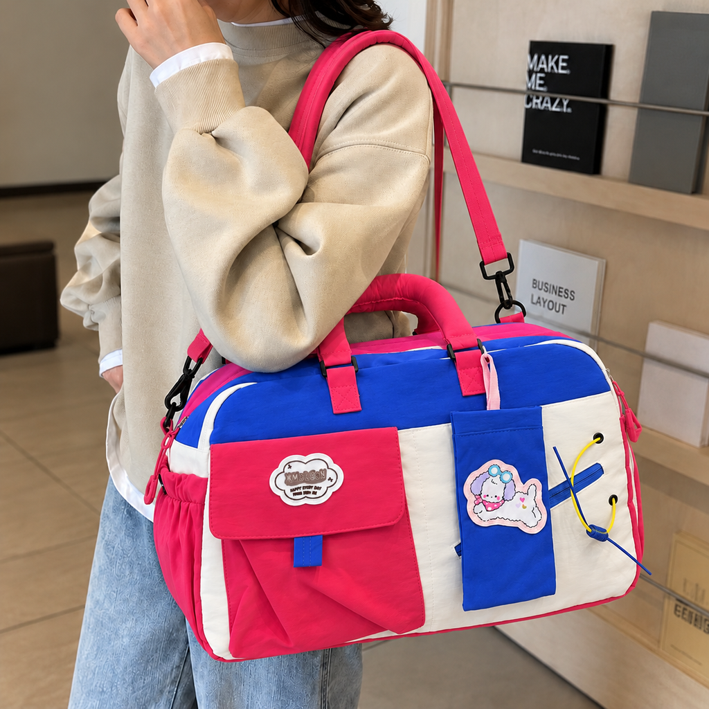 Yellow and Blue Multi-Pocket Travel Duffel Bag with Adjustable Strap
