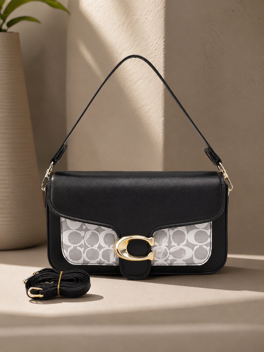 Women’s Black Shoulder Sling Bag with Printed Panel & Gold-Tone Clasp | Ravia