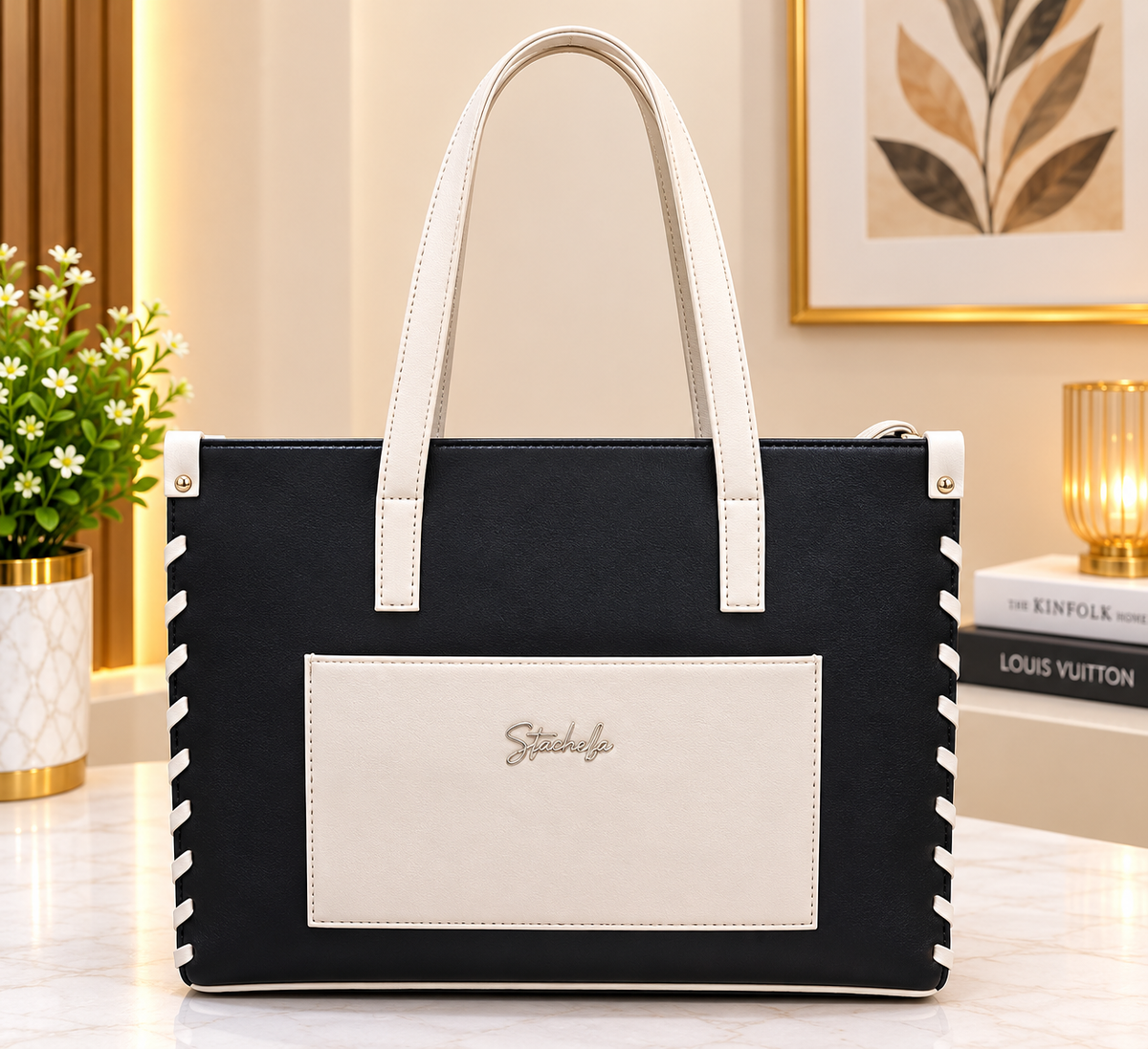 Women’s Structured Tote Bag with Front Pocket – Large Everyday Handbag