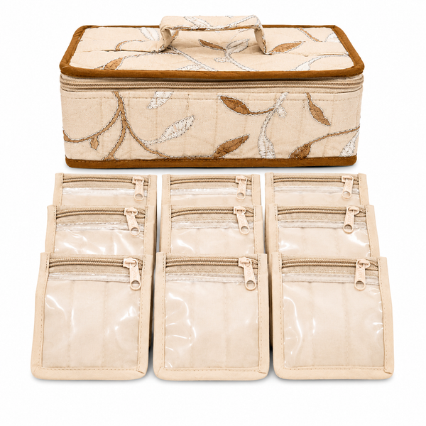 Floral multipurpose storage organizer box with 3 transparent zipper pouches, carry handle, 27 × 13 × 11 cm
